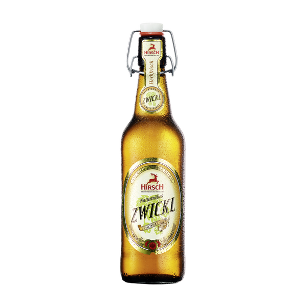 Hirsch Zwickl Bier in 0.5l Flaschen mit Bügelverschluss.